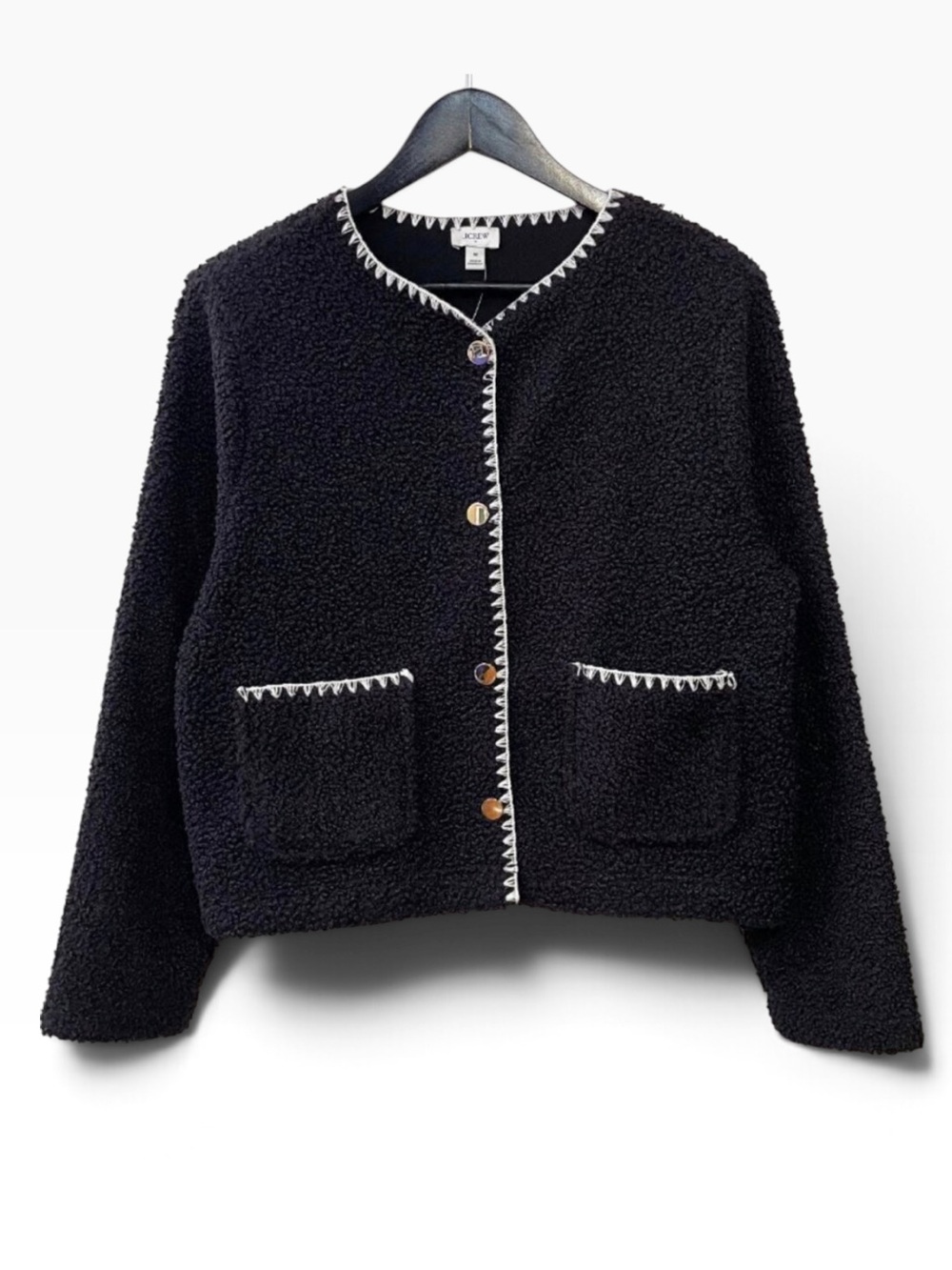 NWT J.Crew Sherpa Blanket Stitch Jacket Black Ivory Gold Buttons XXL